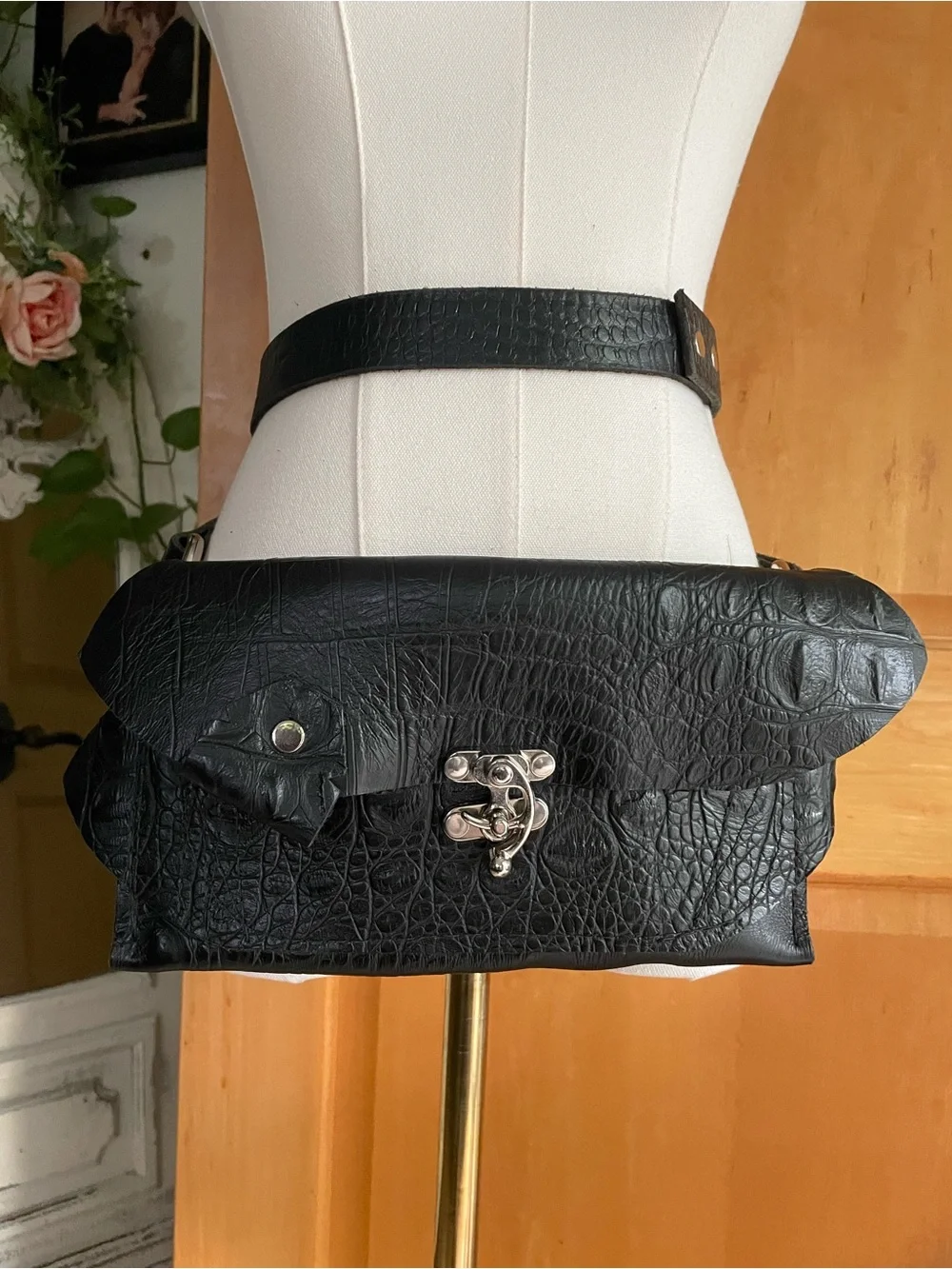 Crocodile Leather Belt Bag Wrap Around Waist Convertible Crossbody Adjustable